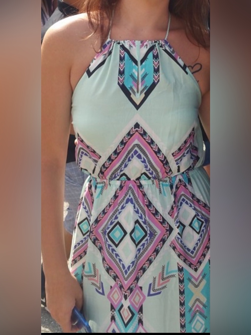 No Boundaries Mint Halter Midi Dress with Pink and Turquoise Geometric Print